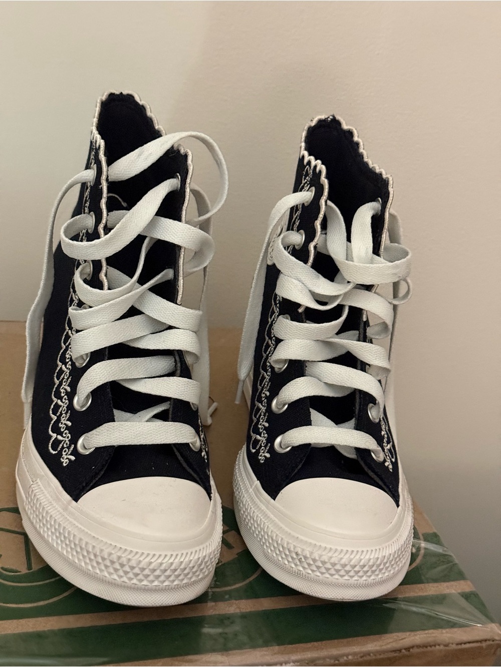 Black High-Top Canvas Sneakers with White Lace-Up and embroidery